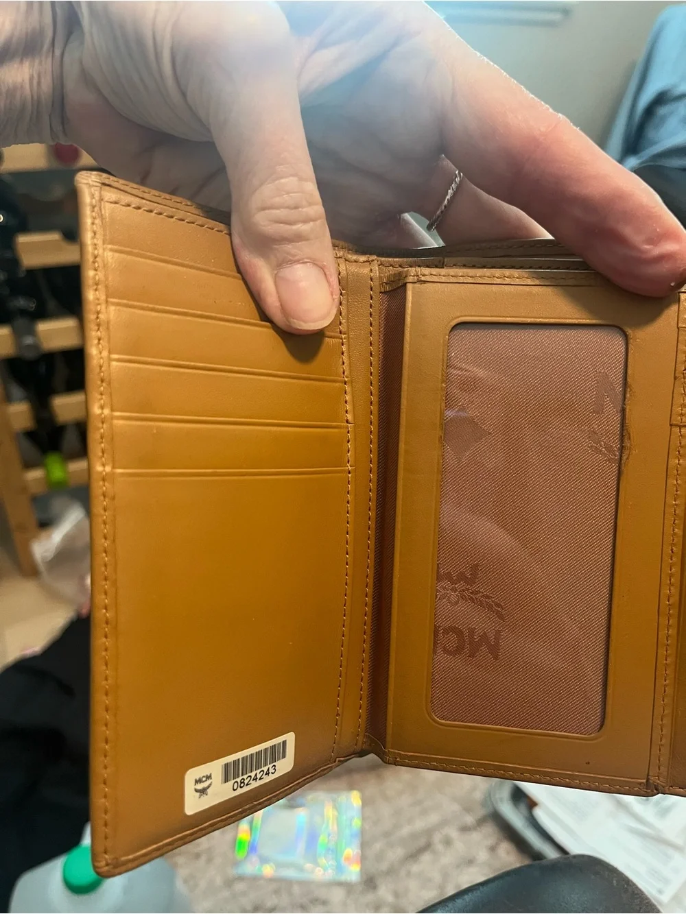 MCM München Visetos Cognac Long Continental Wallet with Pink Croc-Embossed Strip